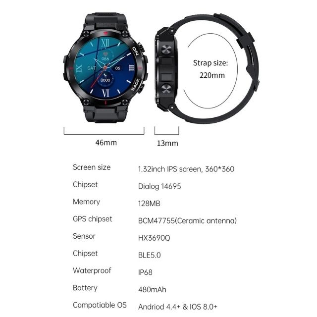 Reloj inteligente Hombre GPS Hombres Reloj inteligente Mujeres para Android  iOS IP67 Hombres Deportes Reloj inteligente Mujeres (Azul)